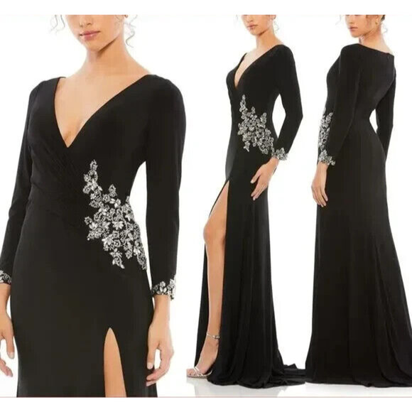 Mac Duggal 41016 Embellished Faux Wrap‎ Jersey Black Gown NWT - Picture 1 of 7